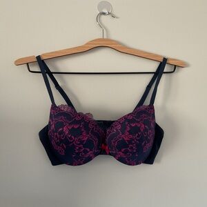 Maidenform Navy Blue & Magenta Pink Lace Padded Push-Up Bra 34C Underwire